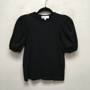 Something Navy Womens Black Cotton Crew Neck Eyelet Mesh Puffed Sleeve Top XXS